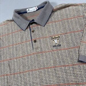 Haley Polo Shirt Mens Large Tan Badlands Golf Club Steer Skull Textured Stripe